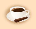 A cup of fresh coffee with a cinnamon stick on a delicate beige background. Vector illustration.